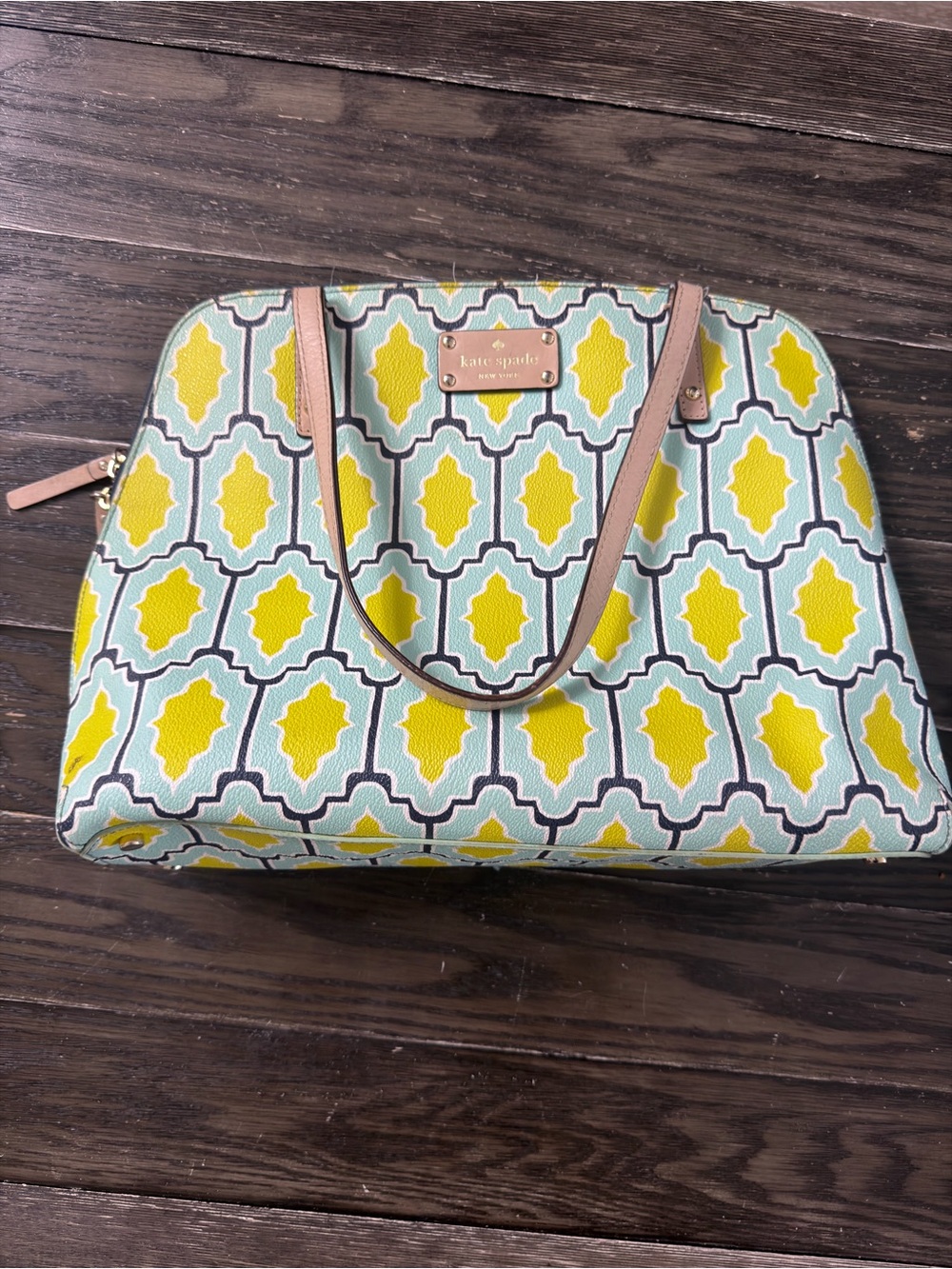 kate spade Yellow & Aqua Geometric Tote with Tan Handles